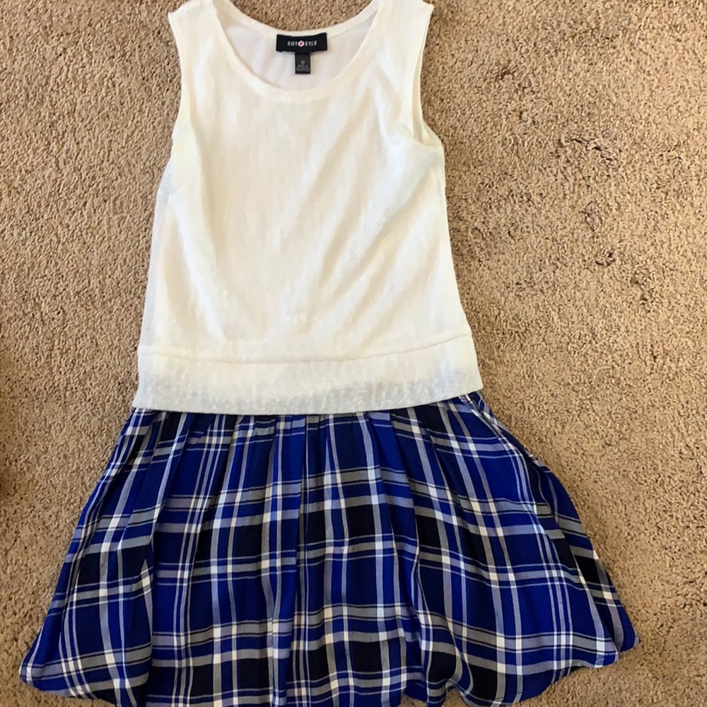 cute one piece white top w 2 layers and blue and white check pleaded skirt
